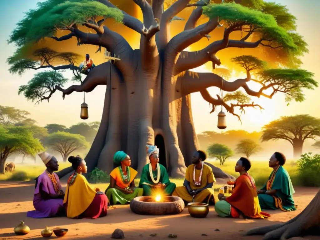 Retiros de medicina tradicional africana: Ilustración vintage de sanadores africanos realizando una ceremonia bajo un baobab