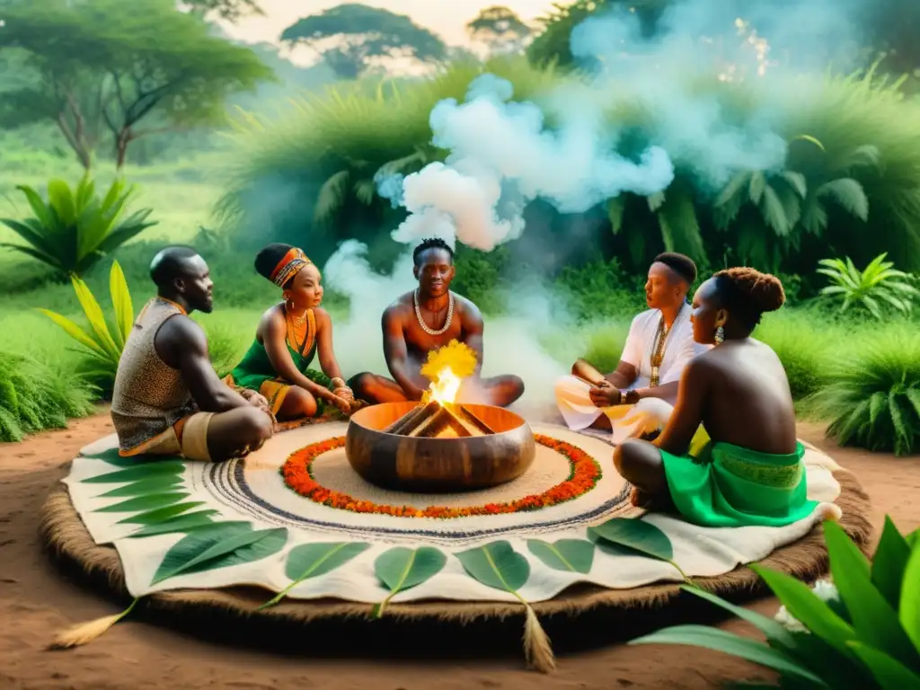 Retiros de medicina tradicional africana: Ritual de sanación en círculo rodeado de exuberante vegetación y atuendos africanos vintage