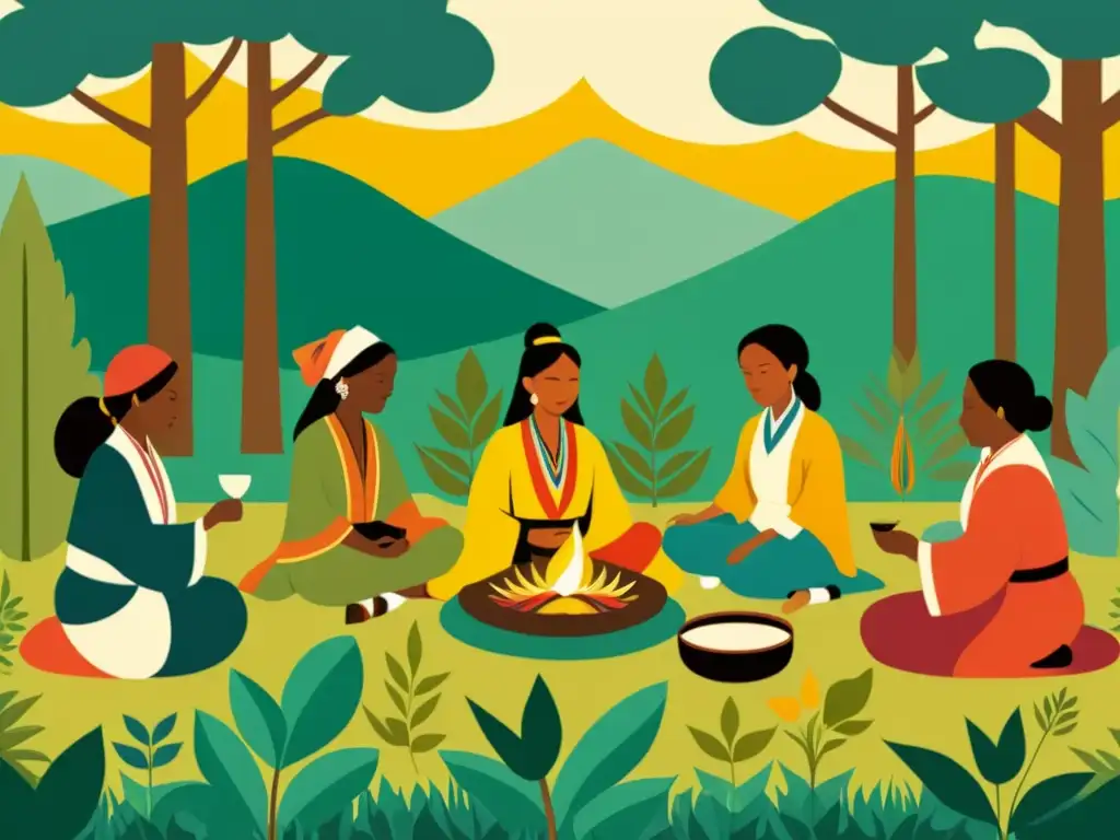 Retiros de medicina tradicional cultural: Ilustración de una ceremonia en la naturaleza con participantes de diversas culturas y coloridos adornos