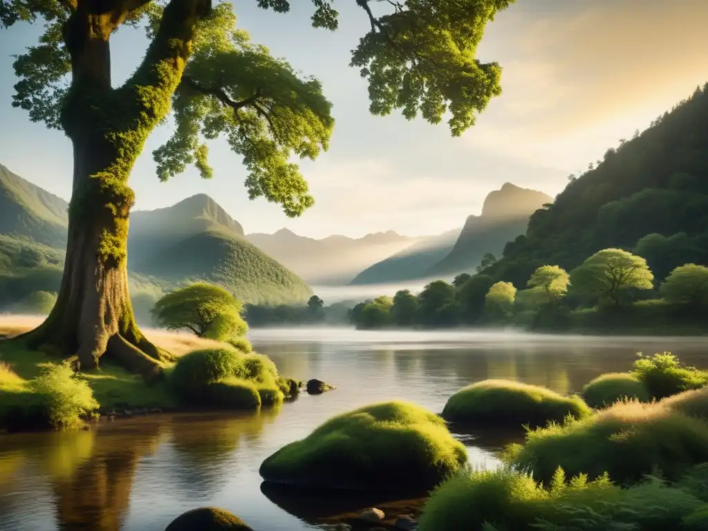 Retiros de medicina tradicional en lugares remotos: Fotografía vintage de un paisaje natural sereno con montañas neblinosas, un río tranquilo y árboles cubiertos de musgo