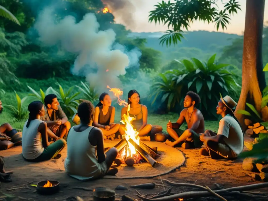 Retiros de medicina tradicional en lugares remotos: Personas en ceremonia alrededor de fogata en la jungla, rodeados de naturaleza exuberante