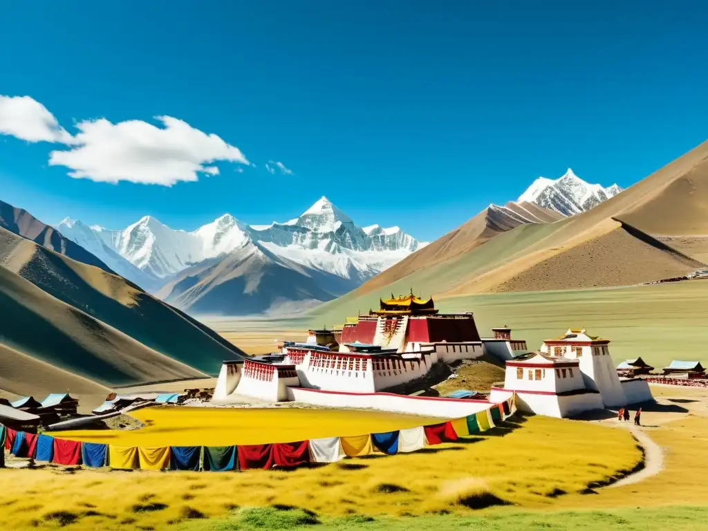 Retiros de medicina tradicional en Asia: Paisaje sereno de montañas tibetanas, con edificios tradicionales y banderas de oración