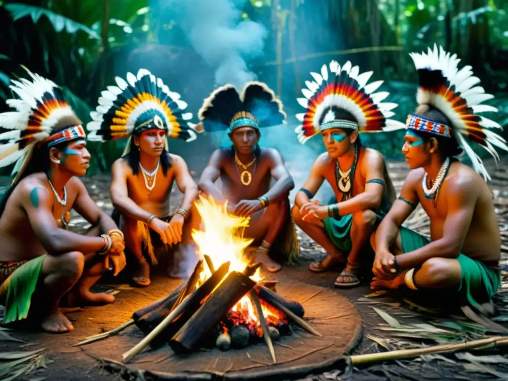 Retiros de sanación ancestral Amazonía: Chamanes amazónicos en ceremonia alrededor del fuego en la selva