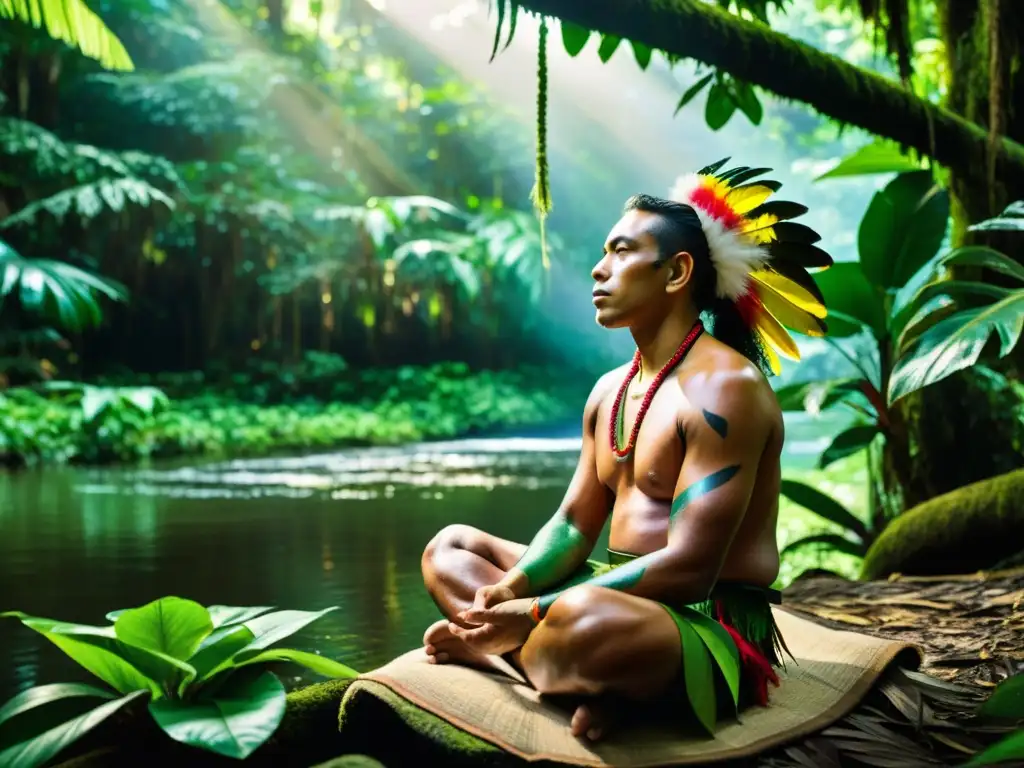 Retiros de sanación ancestral Amazonía: imagen de curandero indígena meditando junto a un río en exuberante selva amazónica