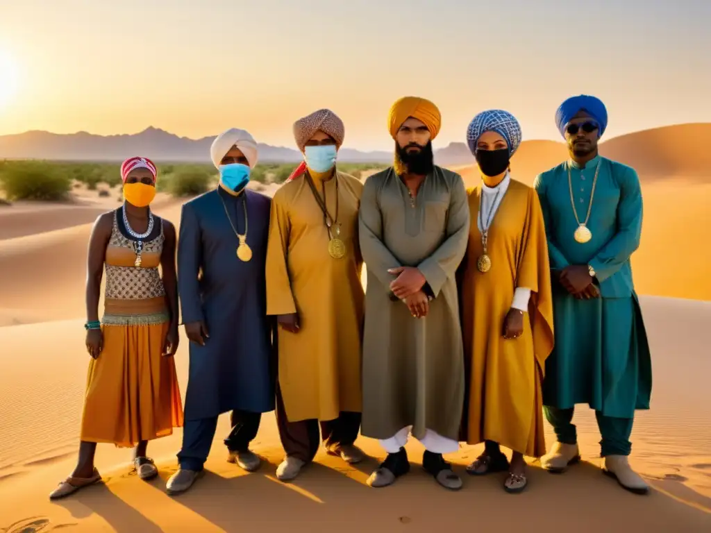 Un retrato vintage de individuos de diferentes culturas del desierto con equipos de protección medicina desértica y atuendos tradicionales