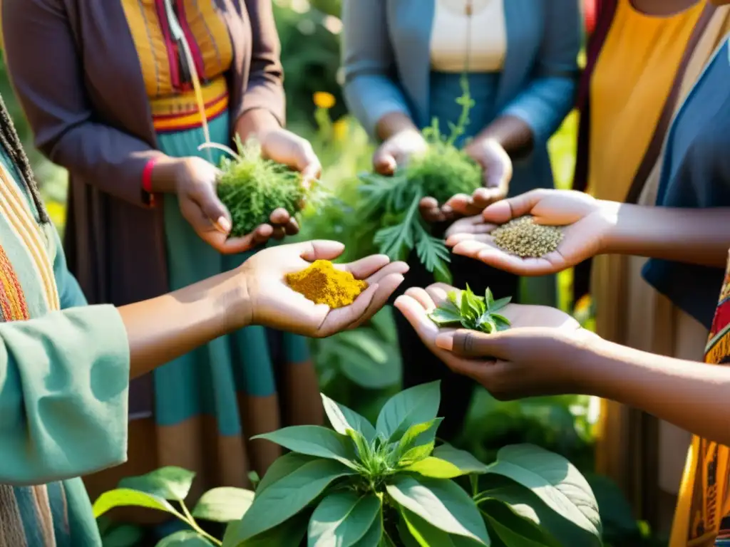 Revitalización de la medicina indígena tradicional: Diversidad cultural en un jardín de plantas medicinales, con luz dorada y atmósfera auténtica