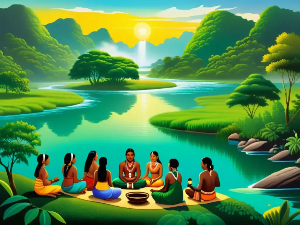 Ritos de sanación en culturas ancestrales: Pintura vintage de indígenas realizando un ritual sanador junto a un río sereno, rodeados de exuberante naturaleza