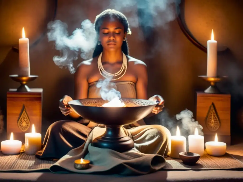 Un ritual de purificación con abanicos en un ambiente místico lleno de humo aromático y luz suave