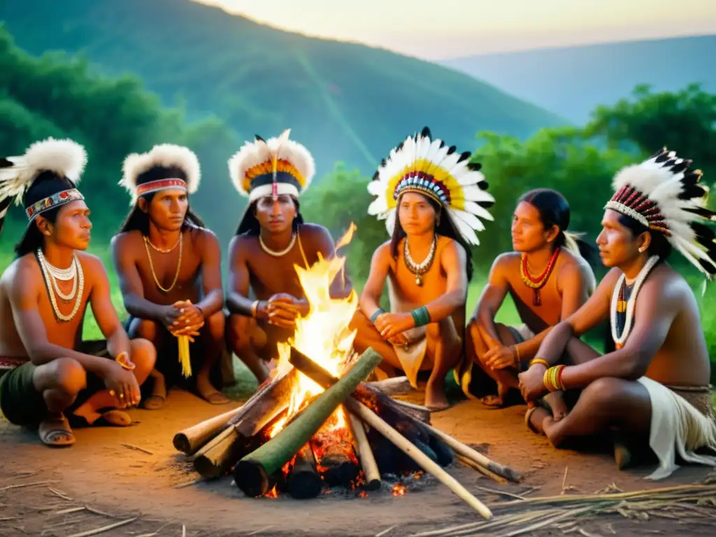 Un ritual ancestral de conexión con la Tierra: indígenas alrededor de una fogata, adornados con plumas y pintura, ofrendando frutas y flores