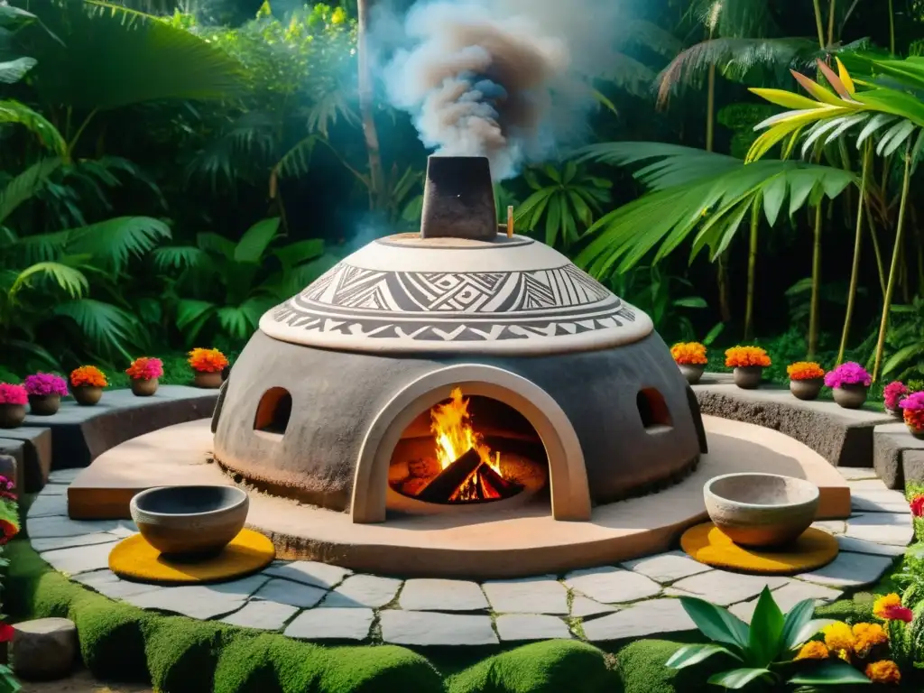 Ritual de vapor Temazcal en Mesoamérica: Antiguo temazcal en la selva, con estructuras de piedra, adornos y gente indígena preparándose para el ritual