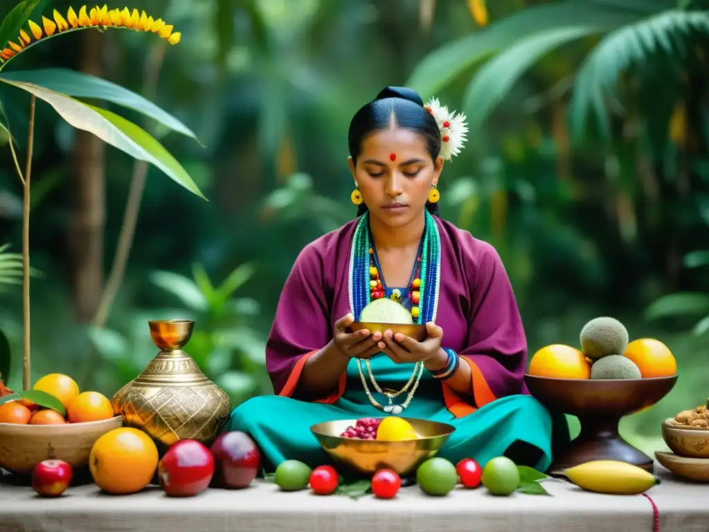 Un ritual de ayuno ritual en la naturaleza, realizado por un curandero con atuendo ceremonial colorido y ofrendas de frutas, hierbas y flores