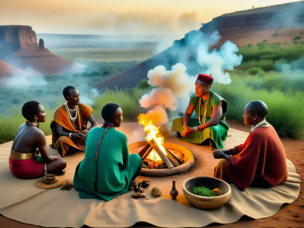 Ritual de curanderos africanos alrededor del fuego con hierbas y prácticas medicinales pueblos nómadas africanos