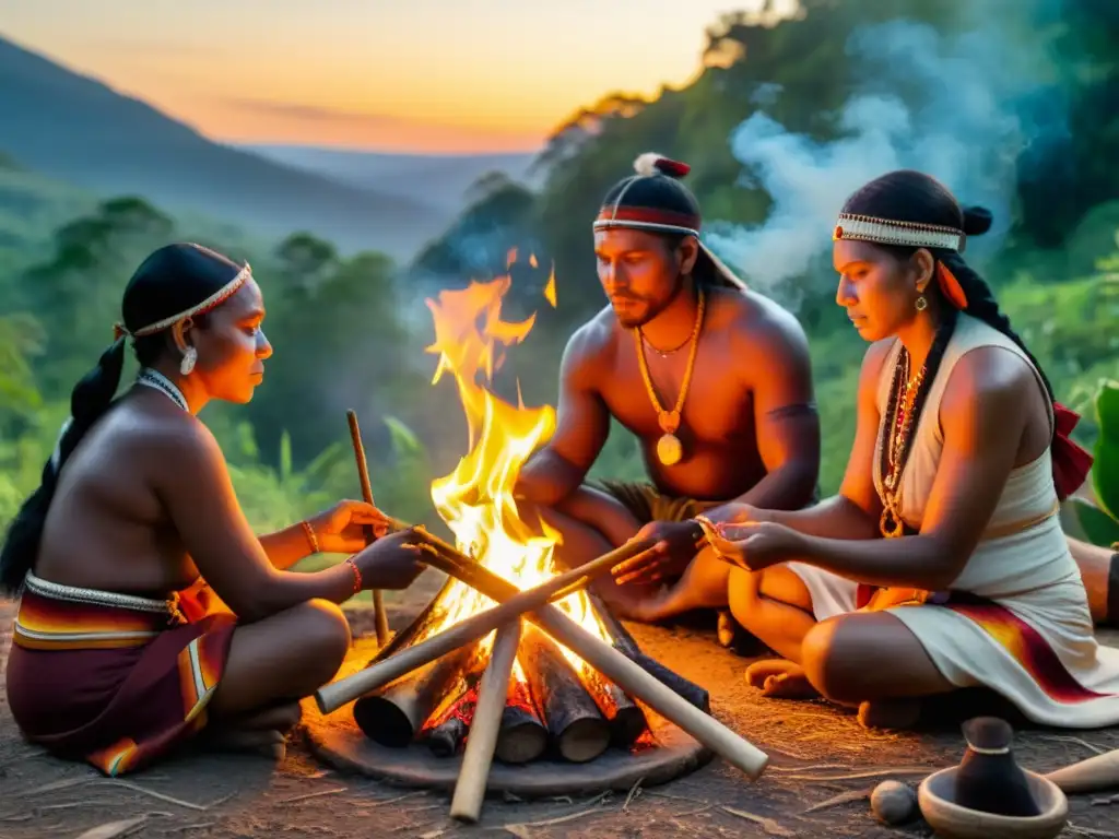 Ritual de sanación ancestral: Ceremonia de fuego Un ritual de fuego ancestral con usos ceremoniales del fuego en curación, en medio de la naturaleza exuberante y un atardecer vibrante