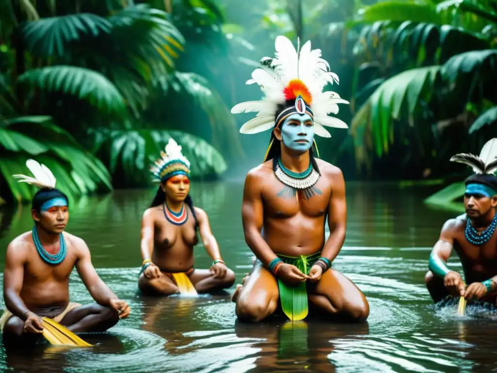 Un chamán guía un ritual de limpieza emocional en la medicina tradicional amazónica, con participantes adornados con pintura corporal y plumas, danzando en medio de exuberante vegetación y agua fluyente