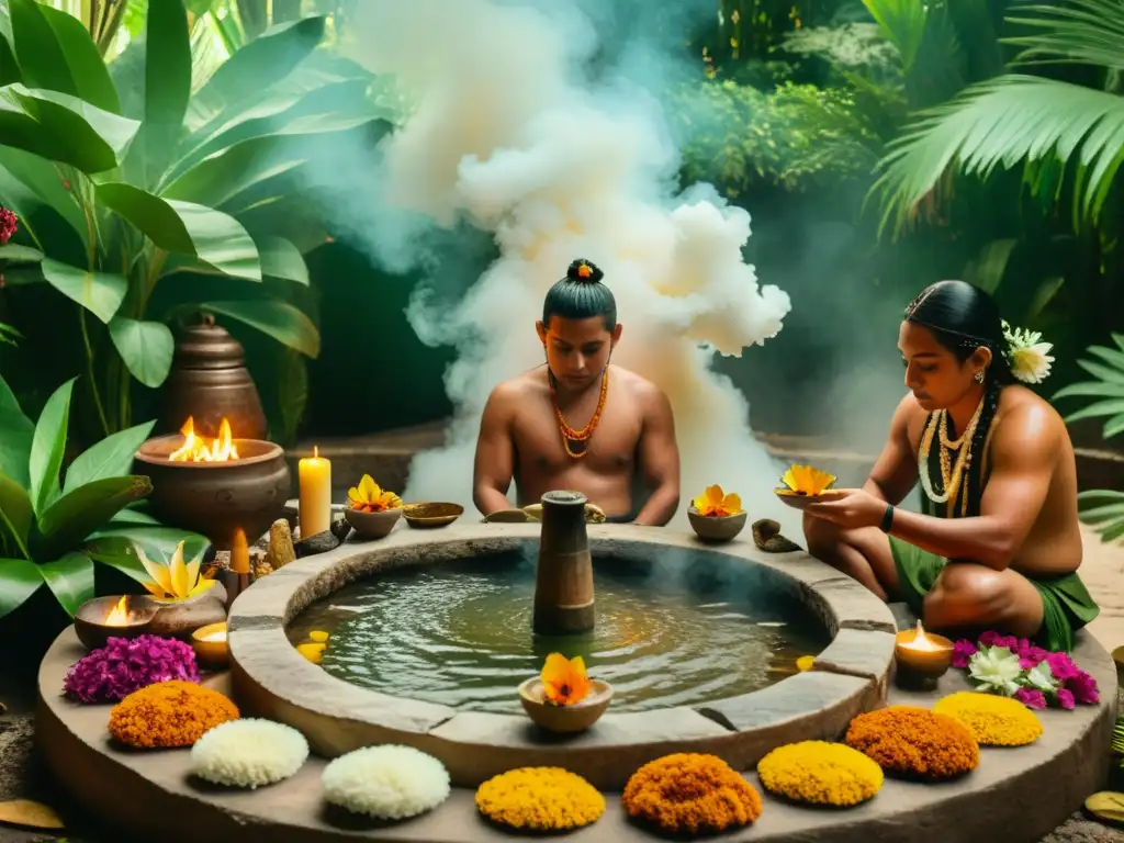 Ritual maya de baño ceremonial con equipos para baños ceremoniales culturas, humo de copal y naturaleza exuberante