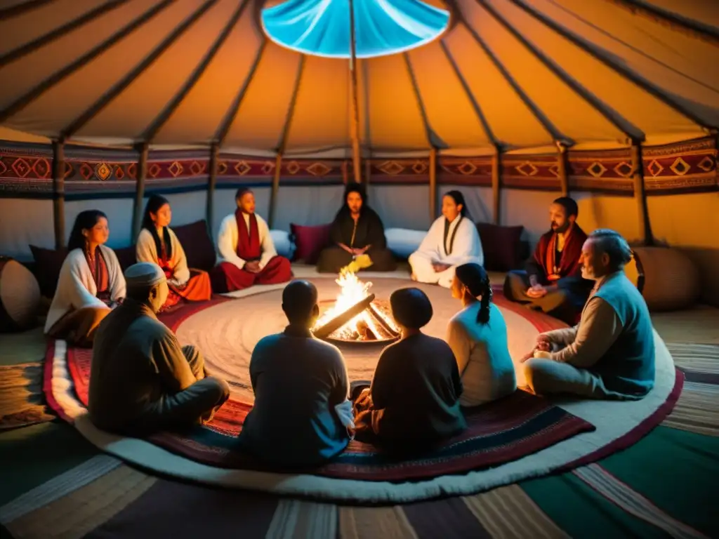 Ritual de medicina tradicional en yurta acogedora con velas y tapices