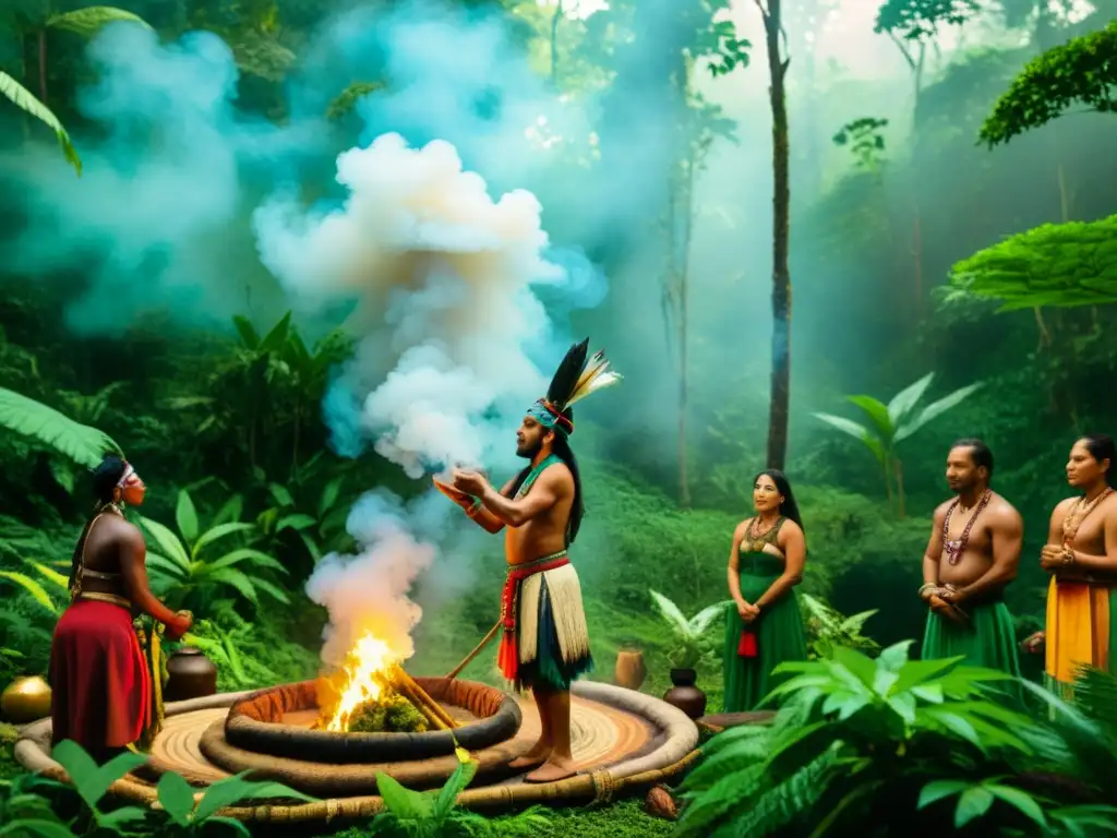 Un ritual de medicina tradicional en la selva con un chamán y participantes