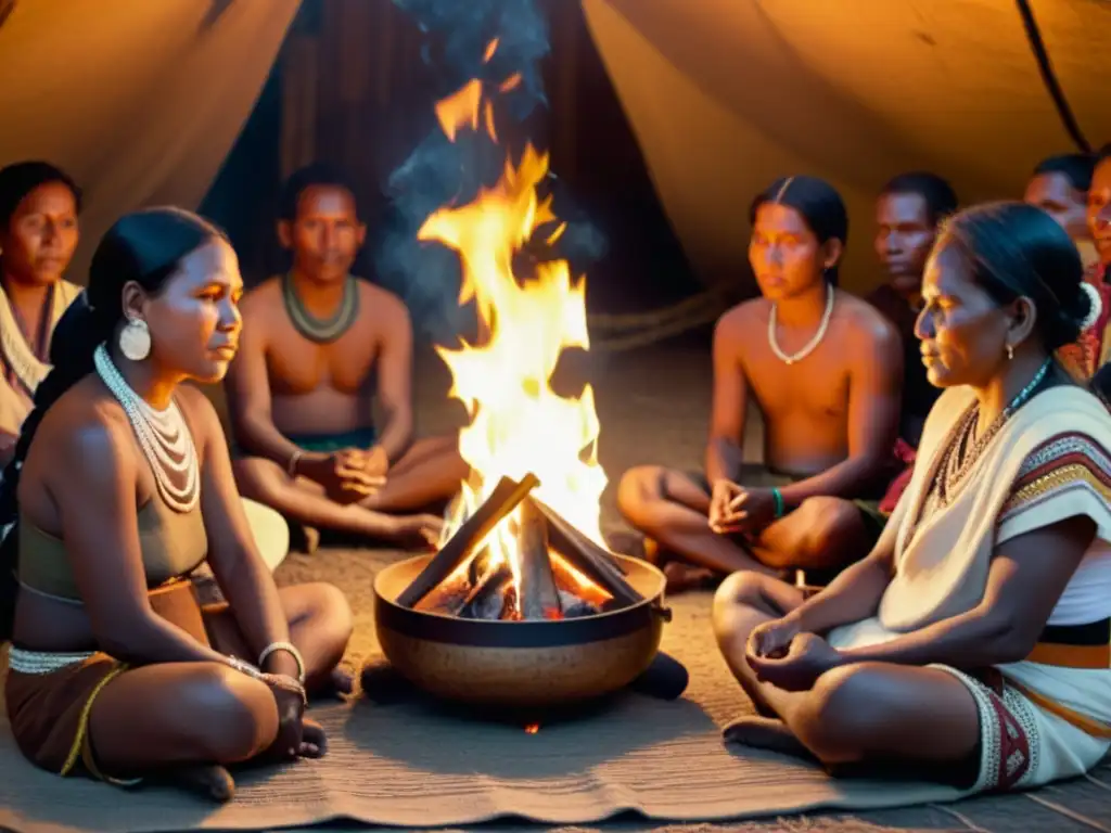 Ritual de musicoterapia con indígenas alrededor del fuego, vistiendo trajes tradicionales