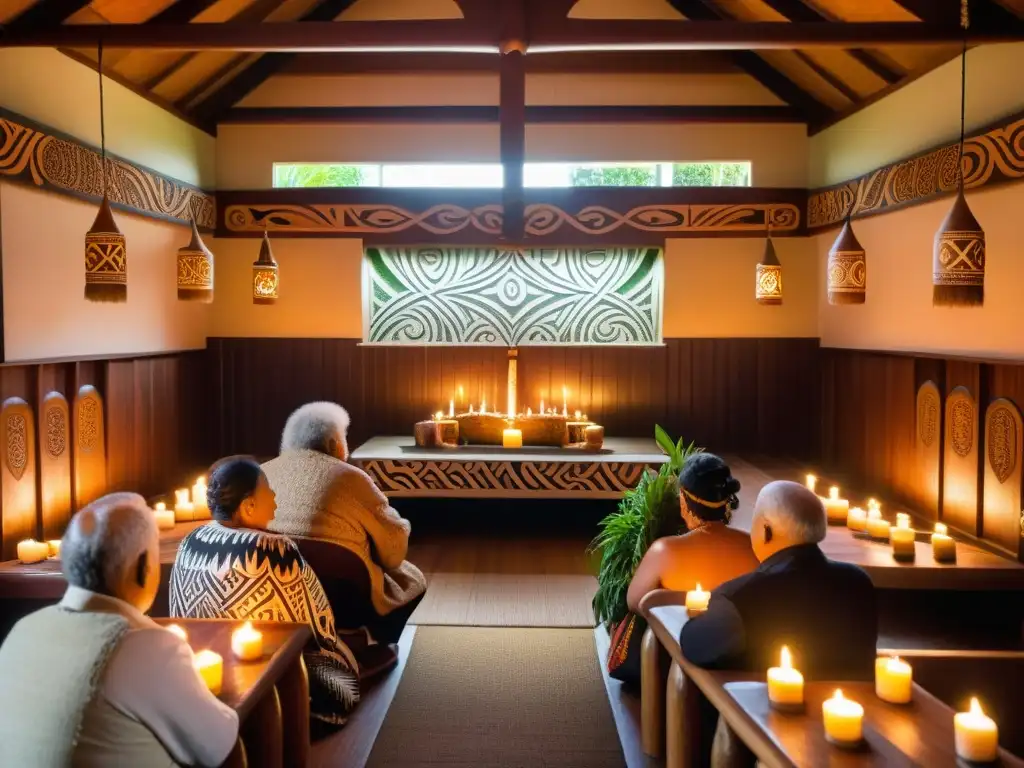 Un ritual sagrado de sanación en Maorí se lleva a cabo en un wharenui, con ancianos transmitiendo prácticas ancestrales