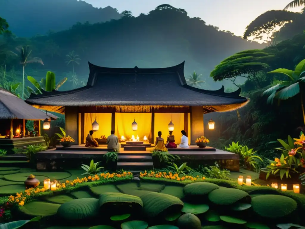 Ritual de curación tradicional en Bali con vestimenta y velas, rodeado de naturaleza exuberante al atardecer