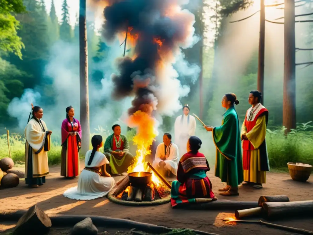 Rituales de purificación ancestral: Ceremonia en el bosque con chaman y fogata, envuelta en colores y misticismo