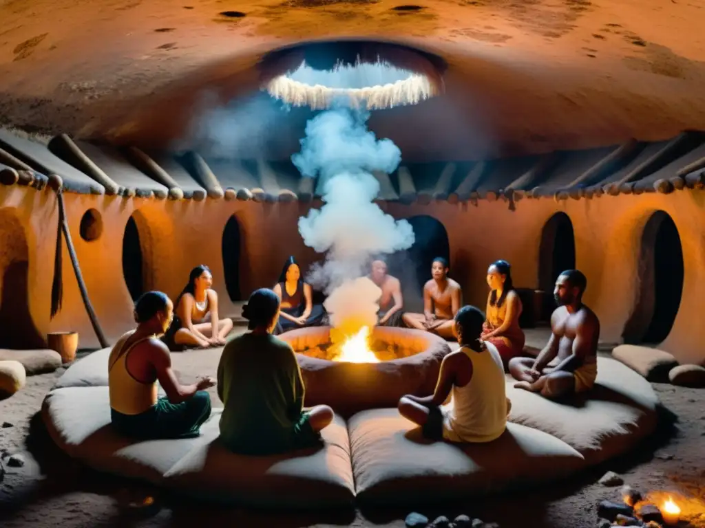 Rituales de purificación ancestral en una ceremonia de temazcal, con personas sumergidas en el vapor mientras se purifican espiritualmente