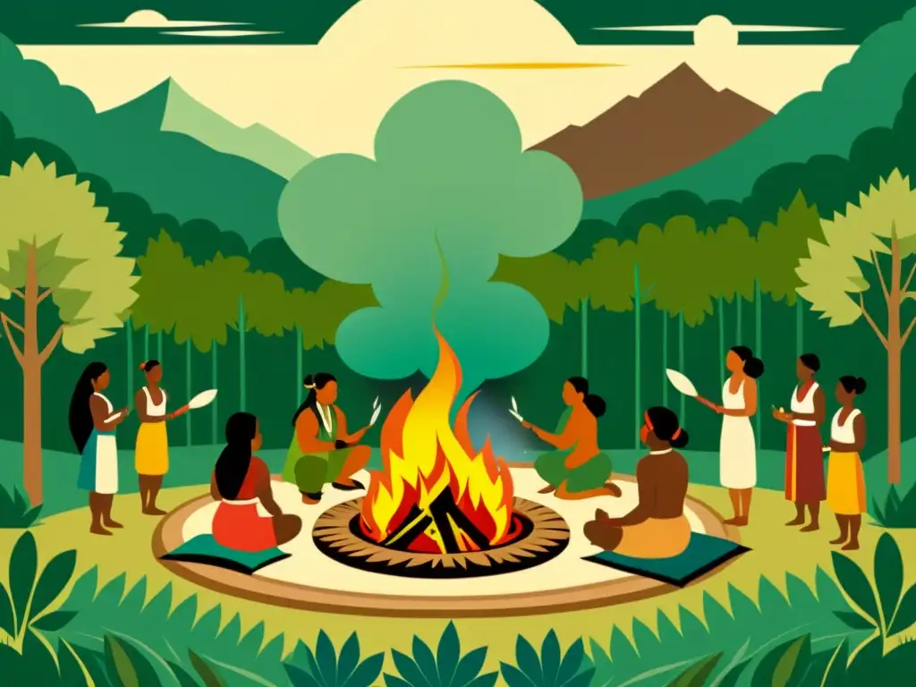 Una ilustración vintage de rituales de purificación ancestral, donde un grupo participa en un antiguo ritual de limpieza alrededor de un fuego central, usando vestimenta ceremonial colorida y practicando técnicas como el ahumado con hierbas, baños rituales y cánticos, en un entorno natural exuber