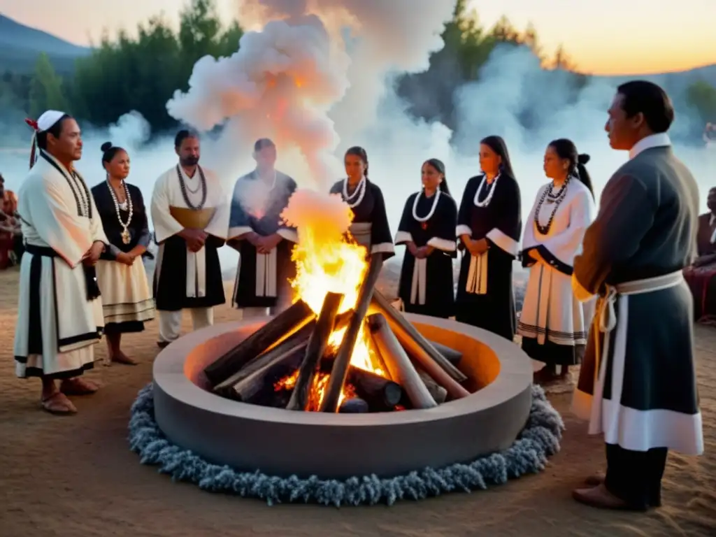 Rituales de purificación ancestral: Personas en ceremonia alrededor de una fogata humeante, ataviadas con vestimenta ceremonial tradicional