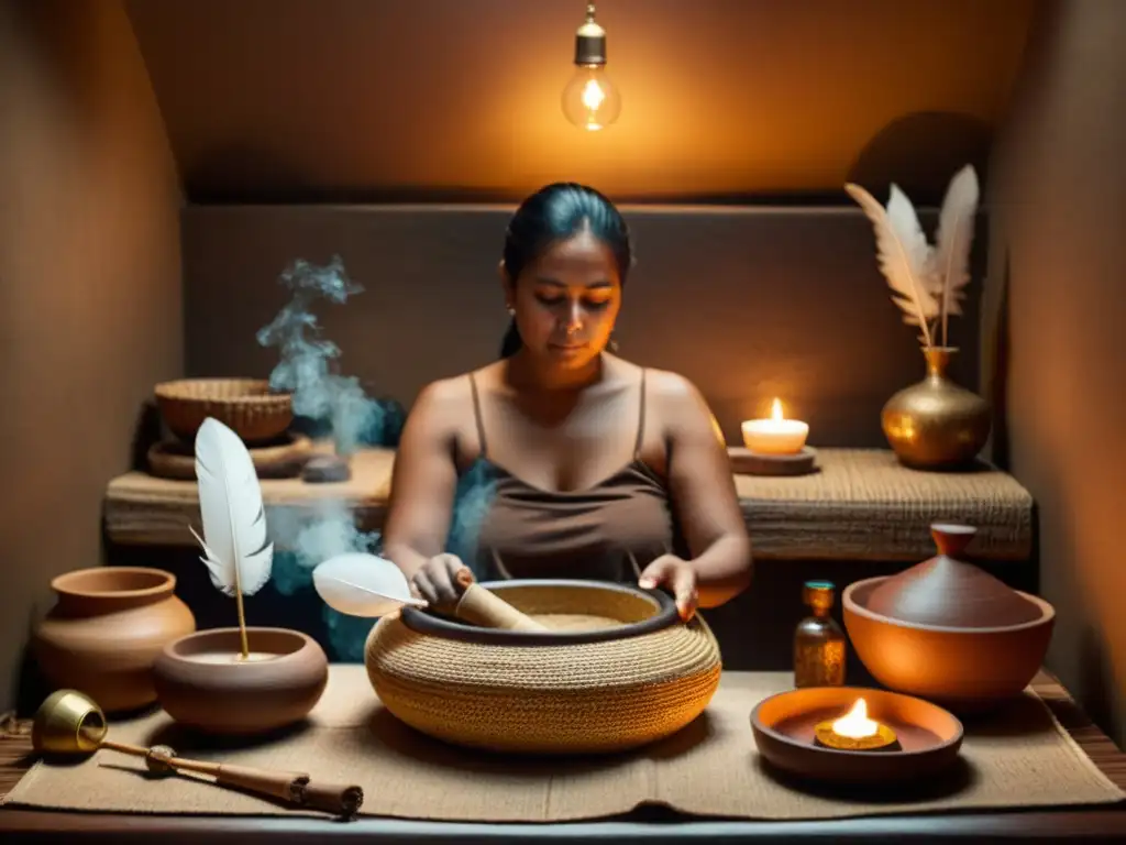 Rituales indígenas purificación ancestral en spa vintage con iluminación cálida y mística