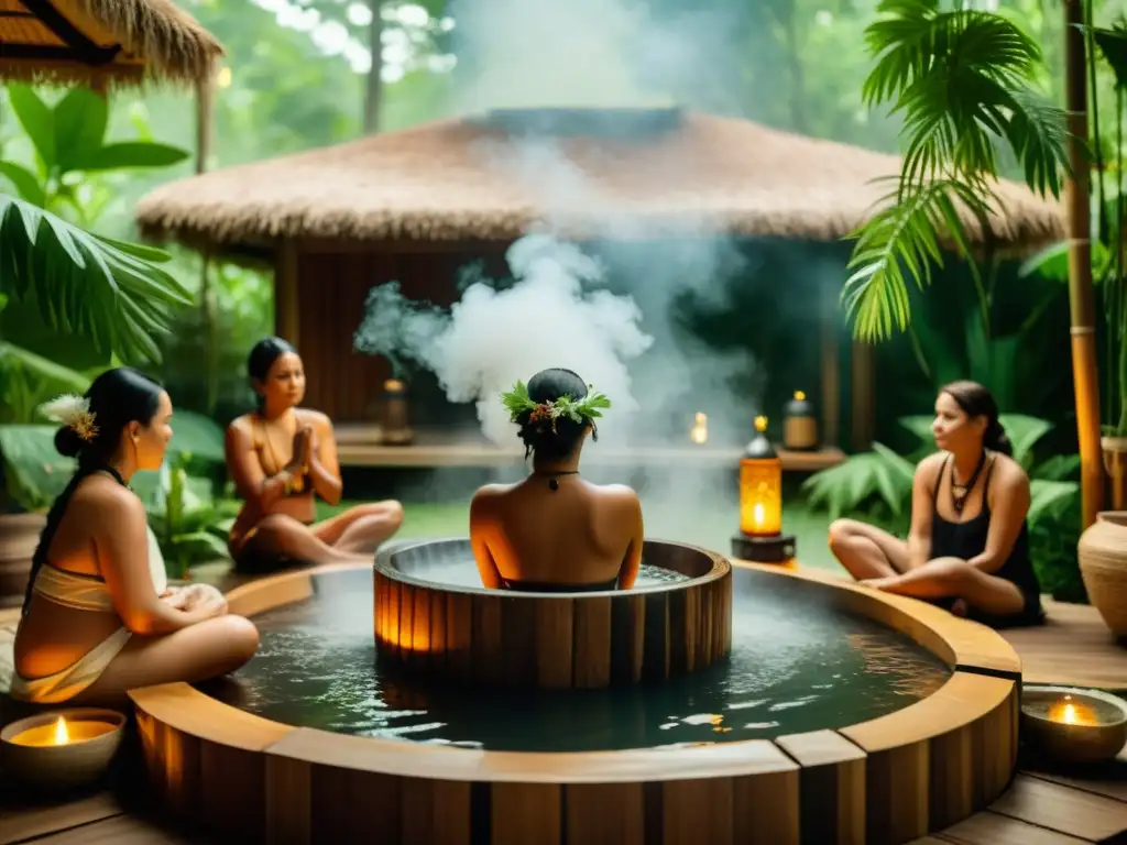 Rituales indígenas purificación ancestral en un spa vintage rodeado de naturaleza exuberante y decoración tradicional