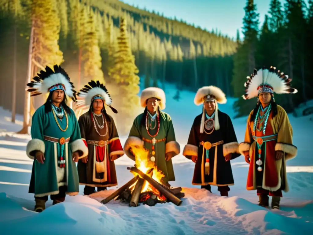 Rituales de sanación chamanes Siberia en paisaje nevado con bosque de pinos y fogata