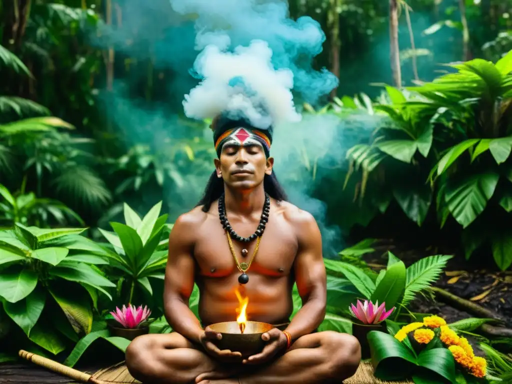 Shaman realizando rituales de limpieza emocional en la selva amazónica