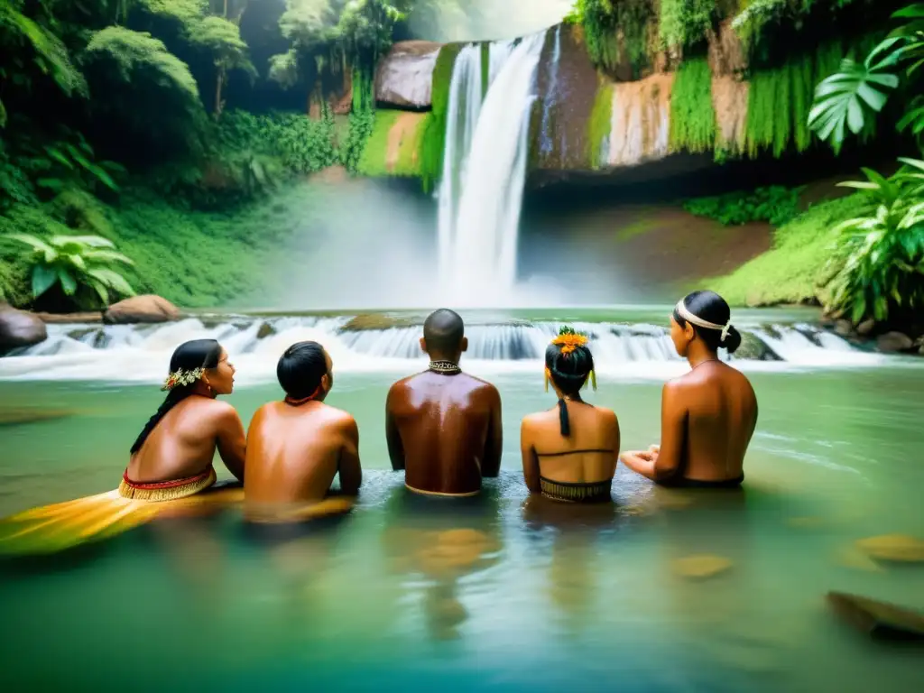 Rituales de purificación en medicina tradicional: Una imagen impresionante de un ritual indígena en un entorno natural, con personas vestidas tradicionalmente y rodeadas de exuberante vegetación y tranquilidad espiritual