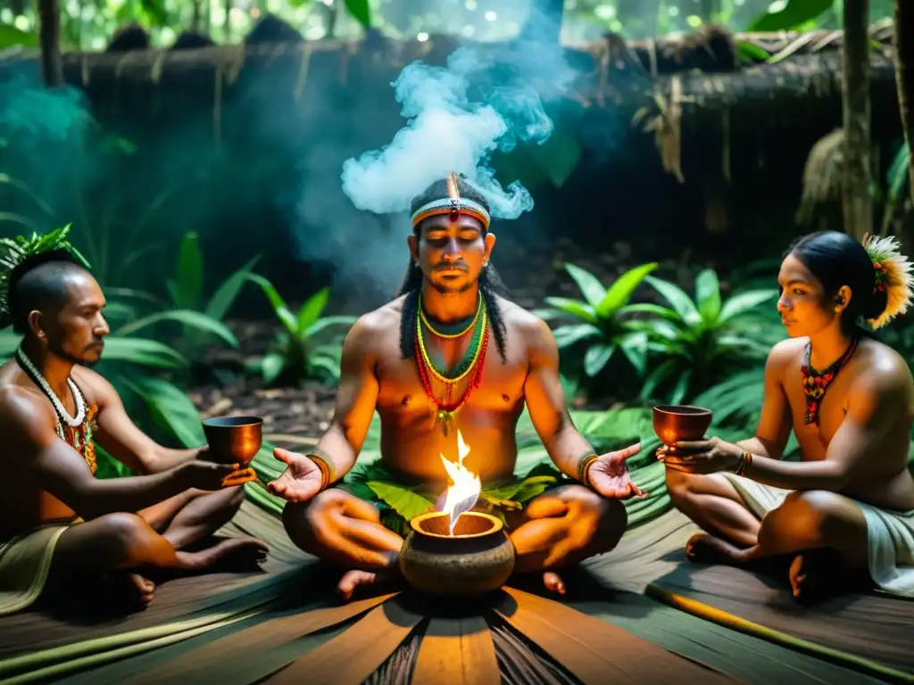 Un shaman lidera rituales de sanación espiritual con ayahuasca en la selva amazónica, rodeado de exuberante vegetación