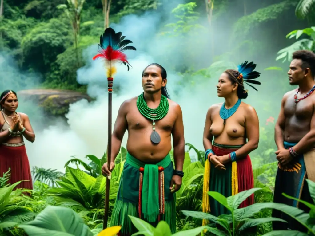 Rituales de purificación de sangre en la exuberante selva: indígenas con vestimenta tradicional realizan ceremonia bajo la cálida luz dorada