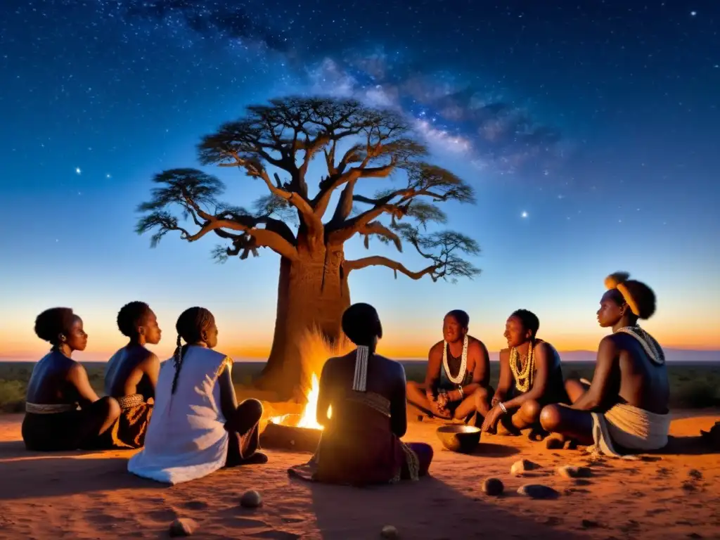 Rituales de curación tribales africanos: Sanadores tribales reunidos alrededor del fuego, bajo un cielo estrellado, en un ritual sagrado