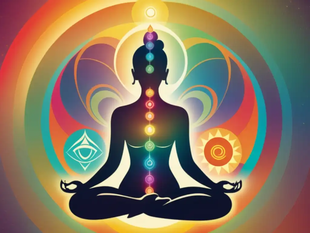 Figura en meditación rodeada de colores vibrantes, equilibrando chakras con aceites esenciales