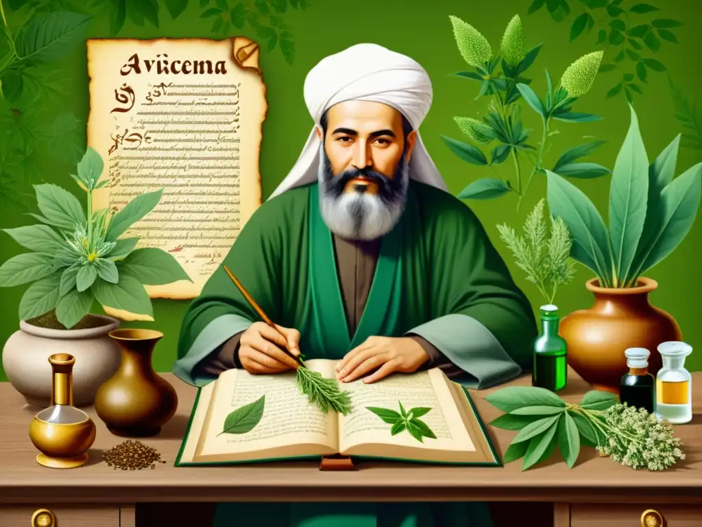 Avicenna rodeado de hierbas medicinales en la medicina islámica, exudando sabiduría y expertise en medicina herbal