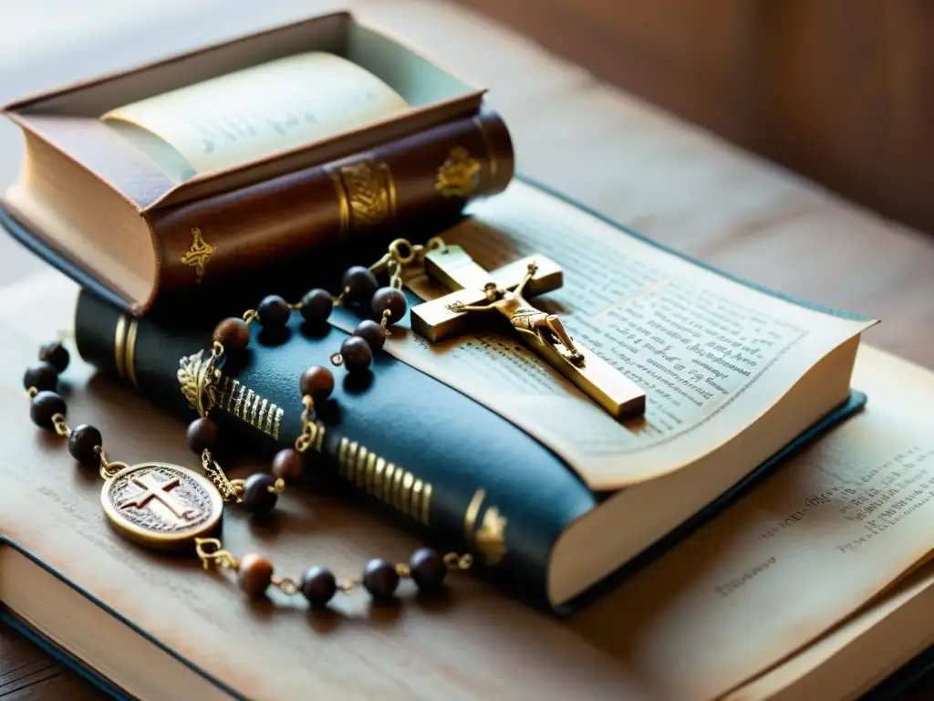 Un rosario antiguo de madera con delicados detalles y un crucifijo de plata reposa sobre un libro vintage desgastado