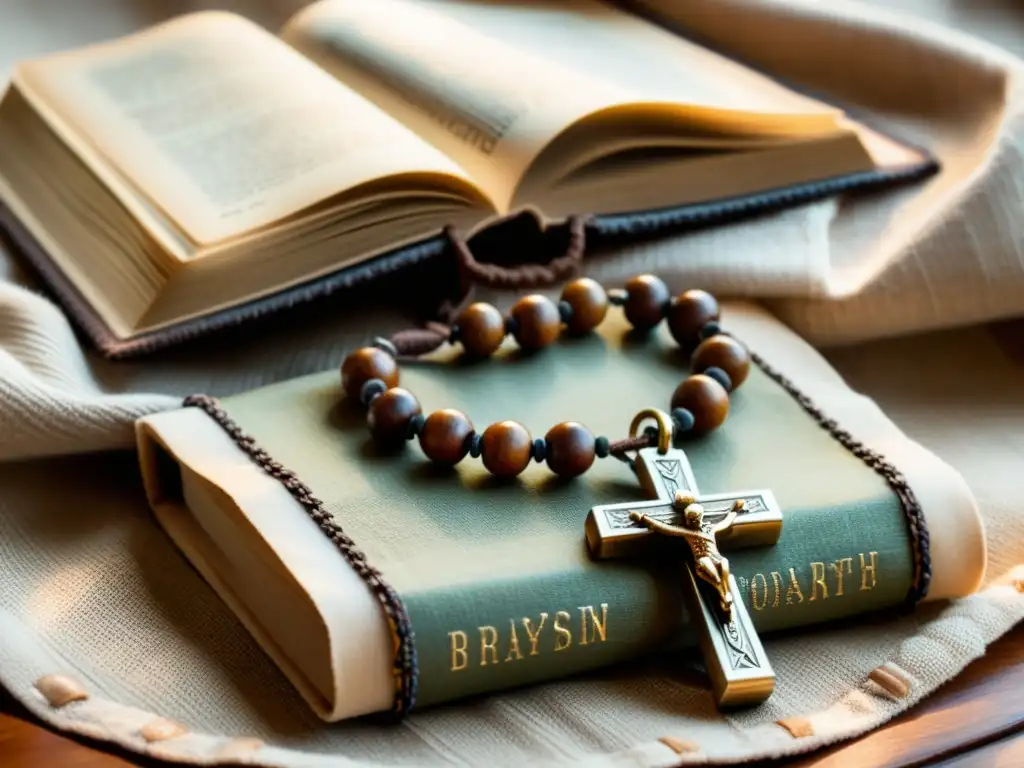 Un rosario de madera envejecida y un libro de oraciones de cuero descansan sobre una tela suave, iluminados con luz cálida