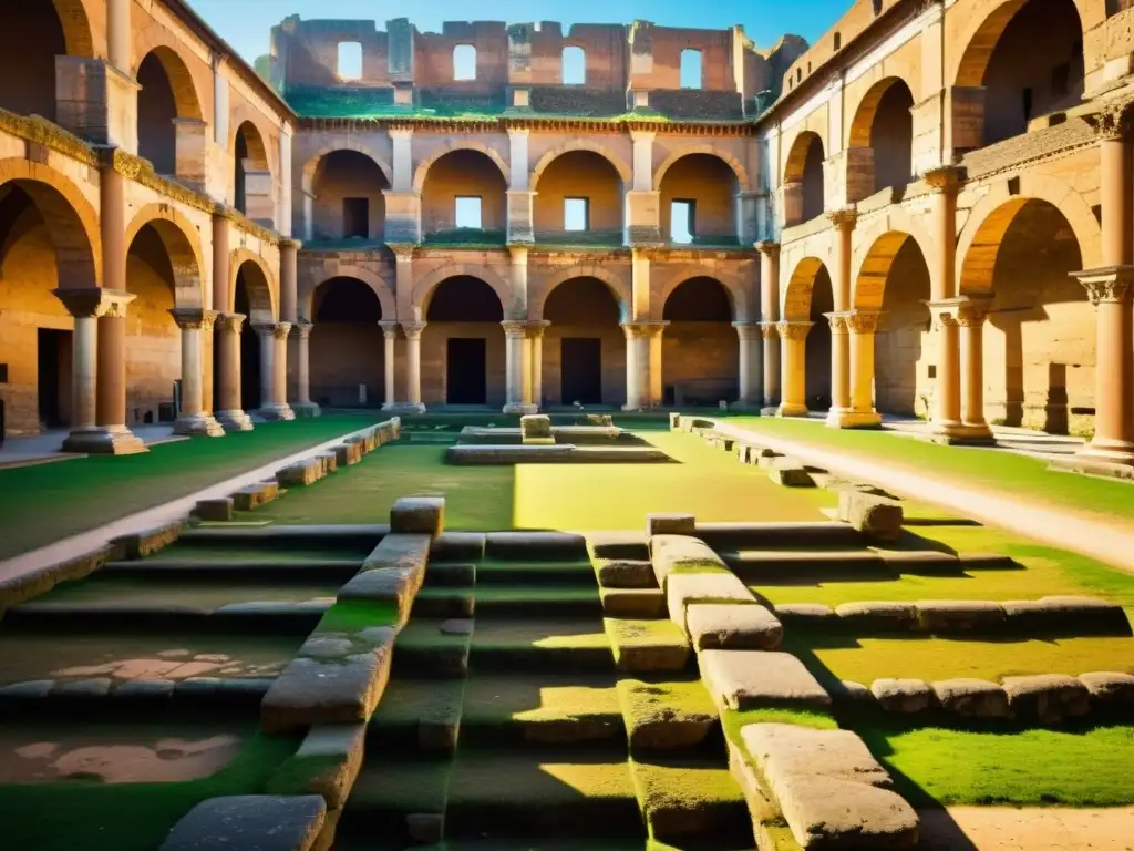 Ruinas de los baños romanos de Caracalla en Roma, bañadas por cálida luz, revelando la opulencia de la medicina tradicional en spas antiguos