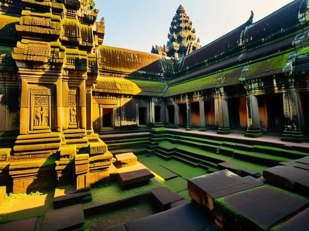 Ruinas de Angkor Wat bañadas por la cálida luz del sol, evocando el místico ambiente para prácticas de sanación en Angkor