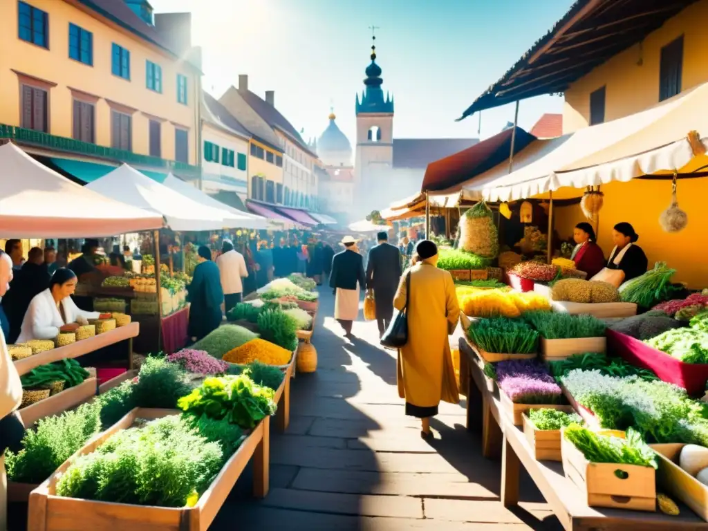 Rutas medicina herbal ciudades: bullicioso mercado con hierbas aromáticas y vendedores tradicionales en una ciudad vibrante y histórica