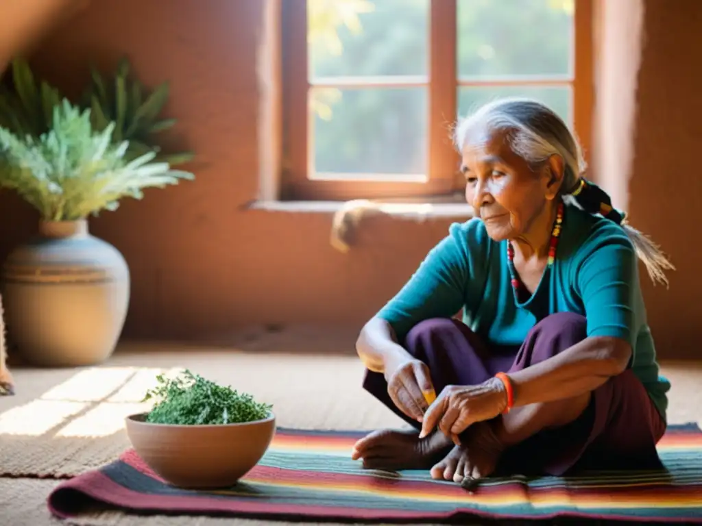 Una sabia mujer indígena comparte saberes ancestrales en ambiente cálido y colorido