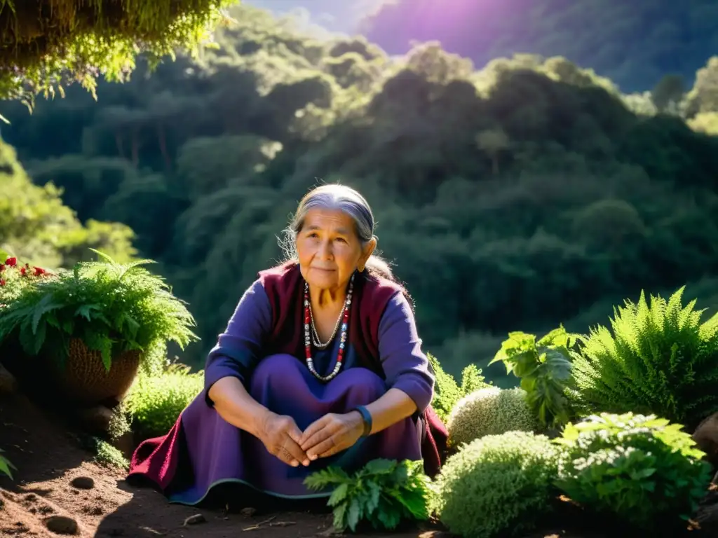 Una sabia mujer Mapuche recolecta hierbas en el bosque