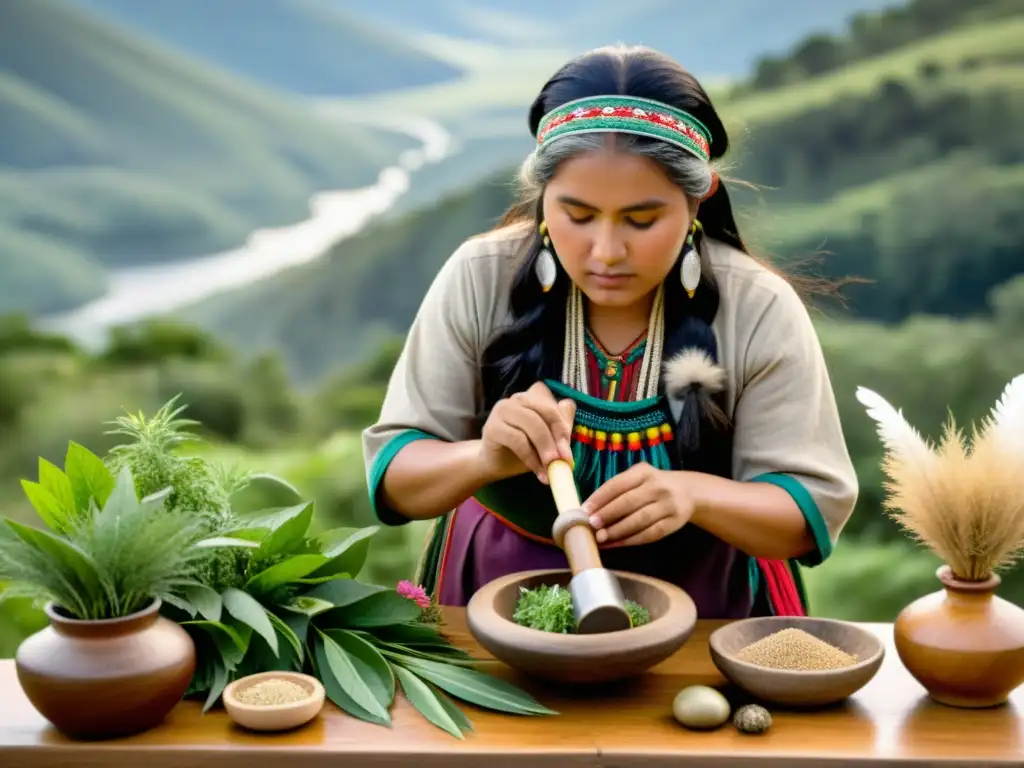 Una sabia mujer Mapuche prepara medicina tradicional de culturas ancestrales entre hierbas y plantas en un paisaje de colinas y bosques