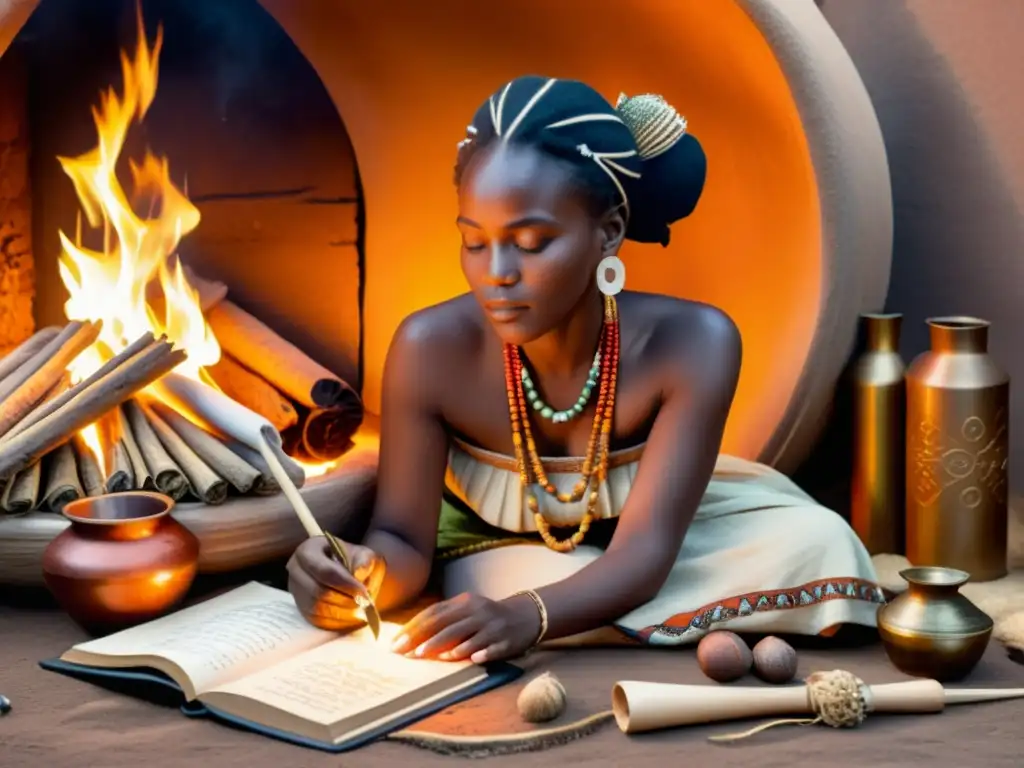 Una sabia mujer de la medicina africana interpreta sueños junto al fuego, rodeada de hierbas y herramientas