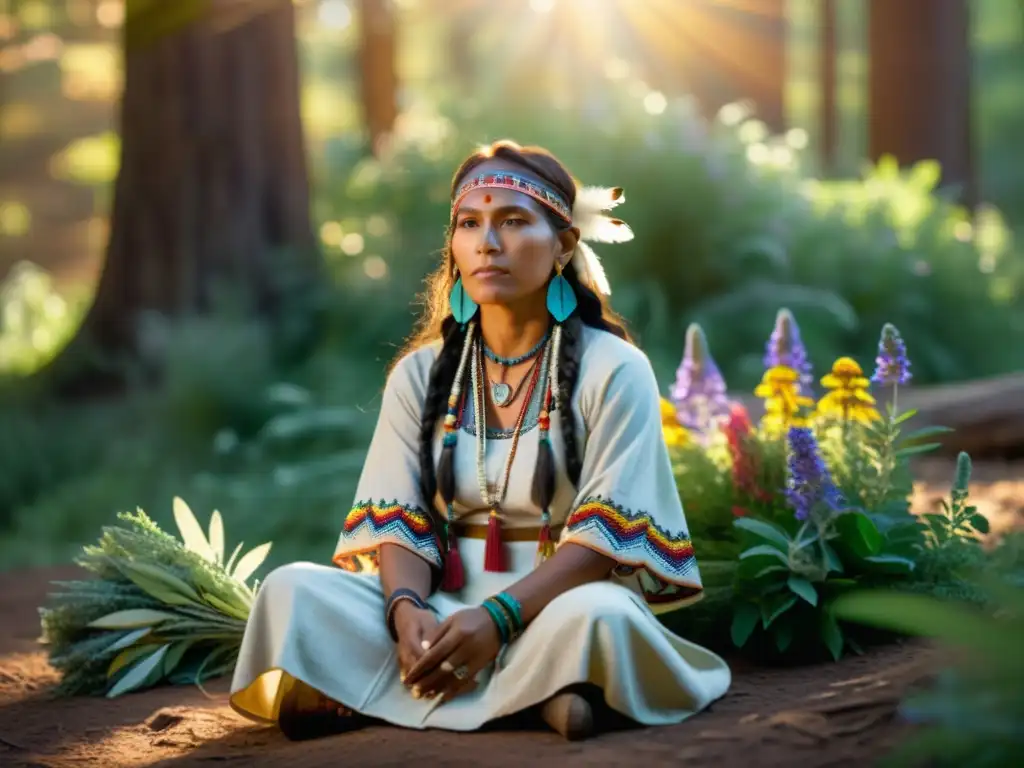 Una sabia mujer nativa americana en el bosque, vistiendo atuendo tradicional y sosteniendo salvia