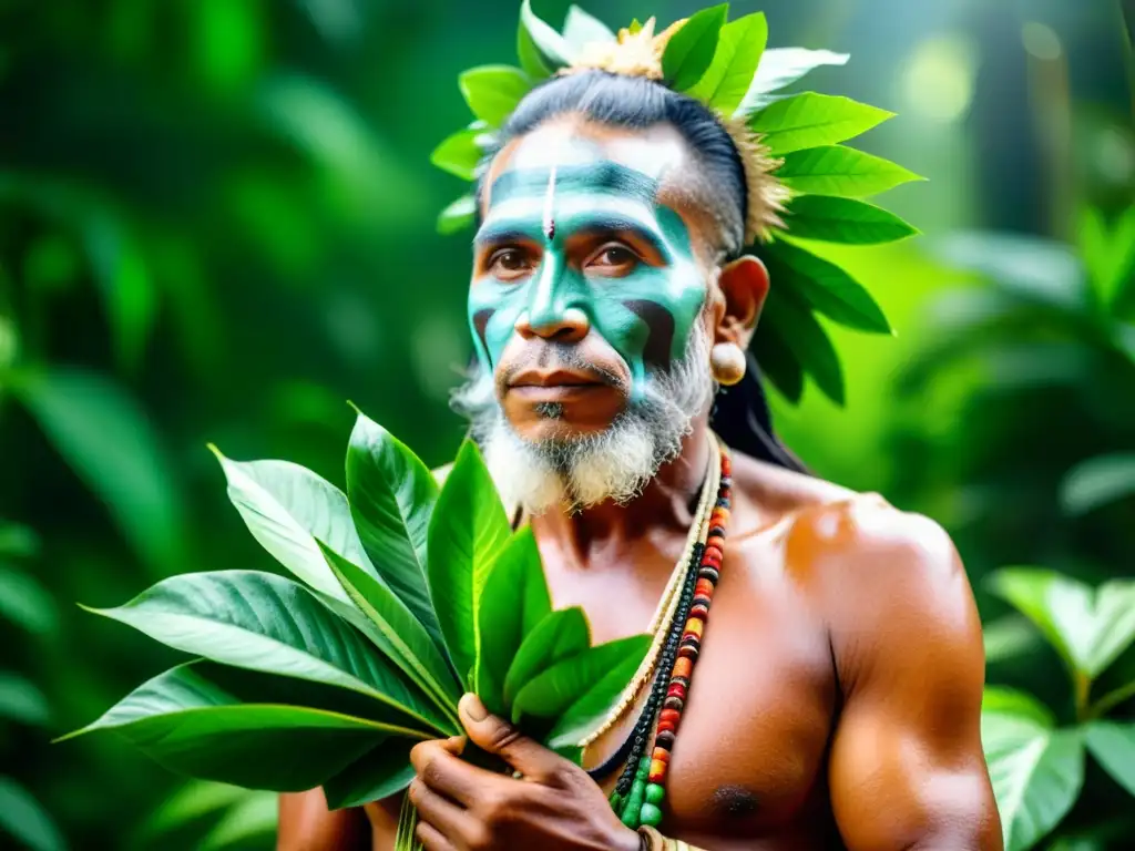 Un sabio chamán amazónico rodeado de exuberante vegetación, realizando una ceremonia curativa con plantas maestras