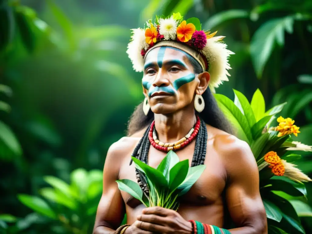 Un sabio chamán de la Amazonía rodeado de exuberante vegetación y flores, sosteniendo hierbas medicinales